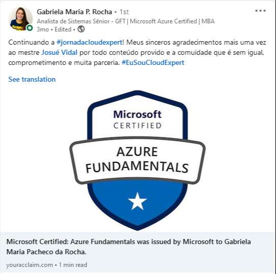 Resultado de aluno no Desafio Azure 30 Dias 7