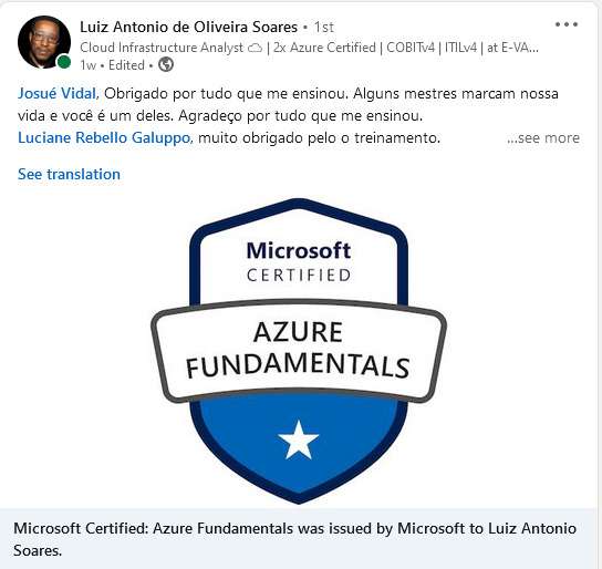 Resultado de aluno no Desafio Azure 30 Dias 3